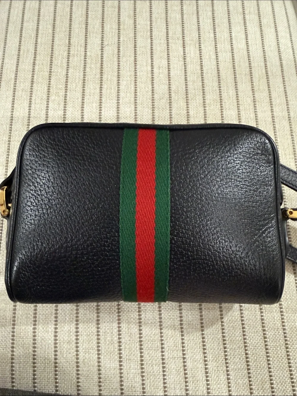 Gucci Black Leather Crossbody with Red-Green Web Stripe and Gold Hardware
